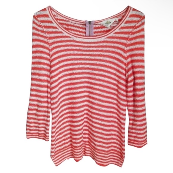 Anthropologie Nautical Top Small Striped 3/4 Sleeves Wide Neck Split Hem NWT - Picture 7 of 12